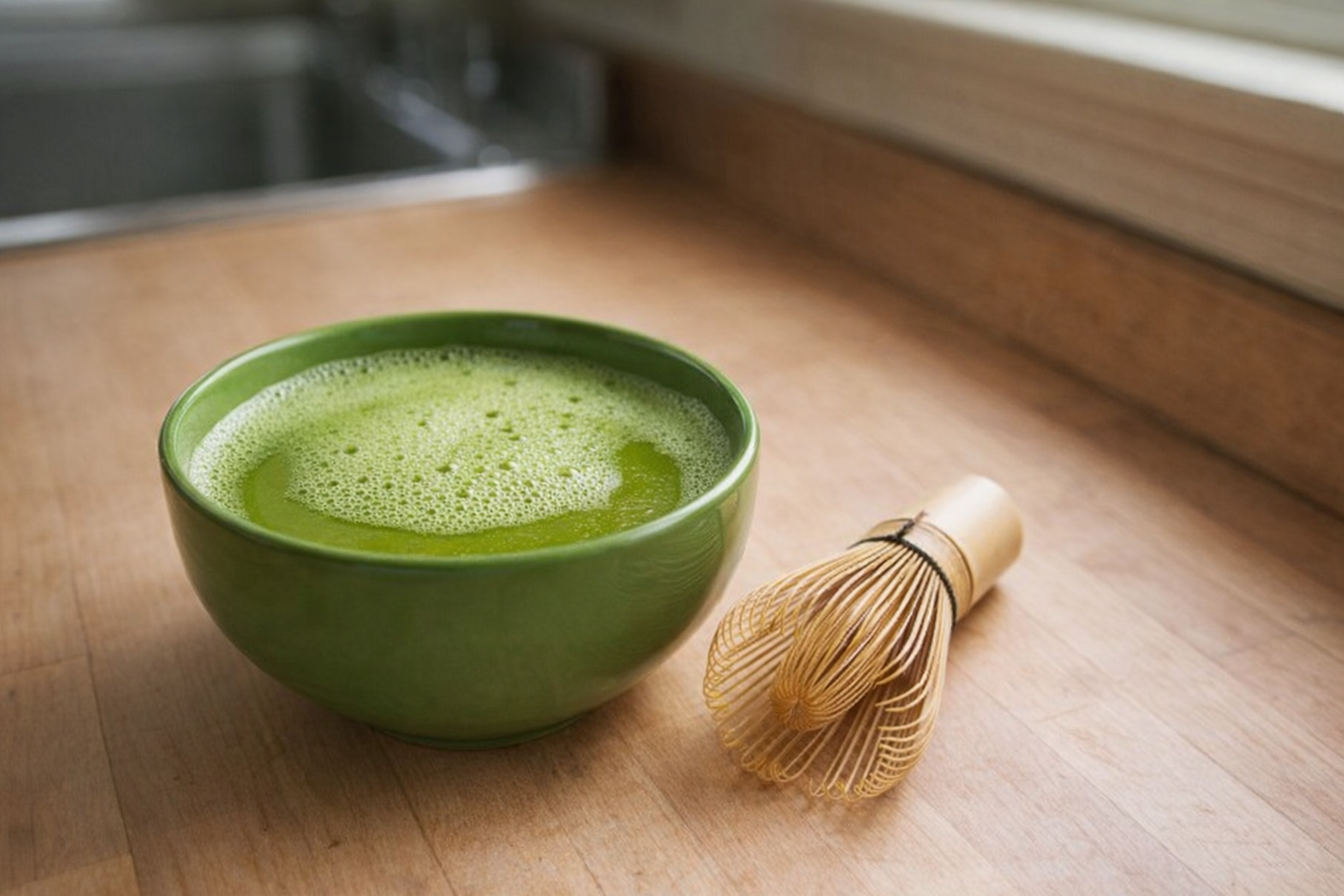 A vibrant green bowl of matcha tea, bamboo whisk resting beside it, soft natural light, clean and minimalist presentation